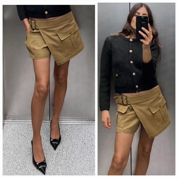 Zara Pants - Zara neutral Beige Khaki Tan Cargo Skort Pockets Viral Short Skirt size M